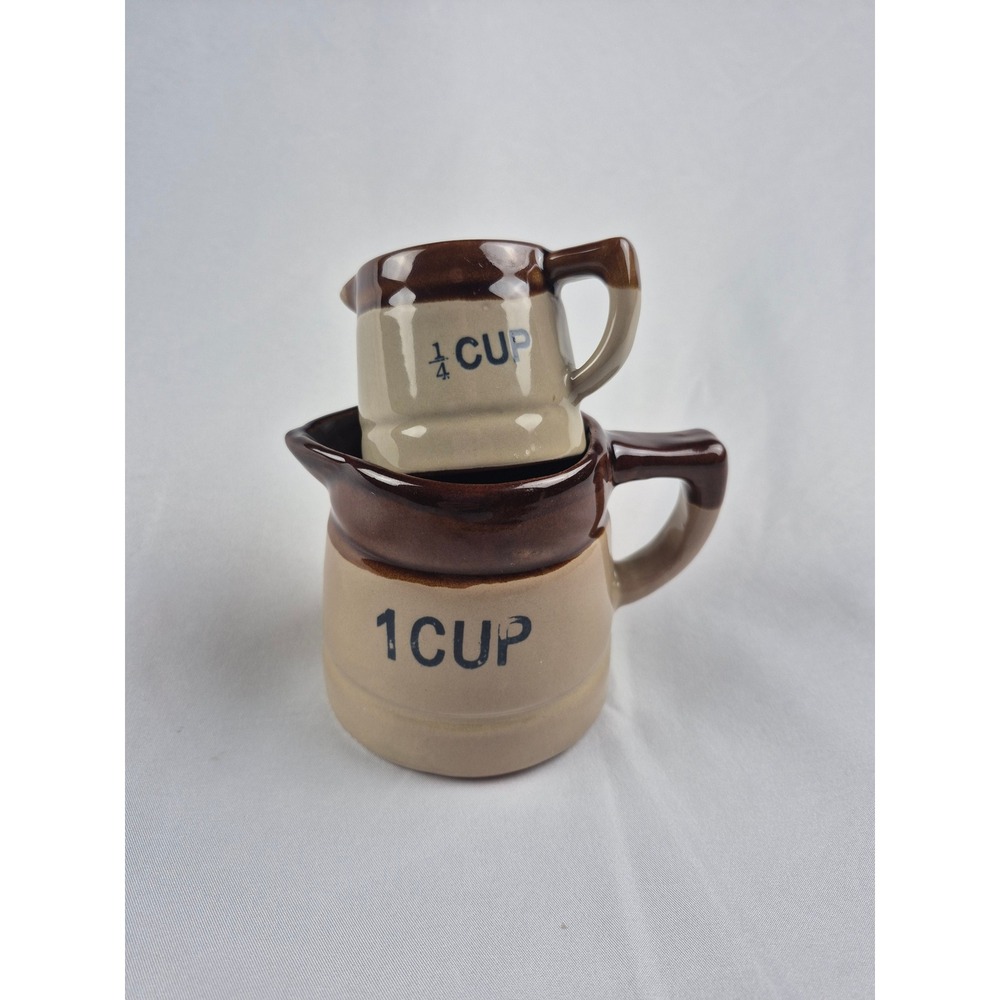 Vintage Stoneware Measuring Cup Set 1 Cup & 1/4 Cup Brown Tan Ceramic Pitchers